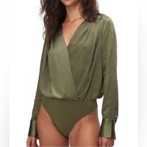 Good American Olive Bodysuit Satin Wrap Top